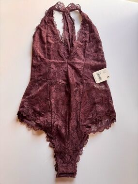 Free People Everyday Lace Bodysuit NWT Plum Jam XS Halter Floral Lingerie